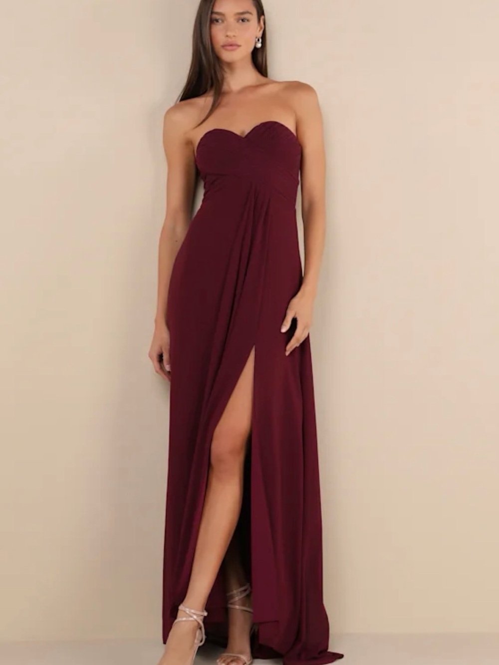Lulu’s Strapless Burgundy Evening Gown with Front Slit